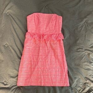 Lily Pulitzer Pink plaid strapless a line peplum mini dress